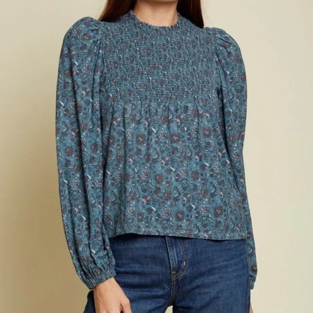 Nation LTD Teal Floral Marion Babydoll Tee in Wild Heart Smocked Size Medium